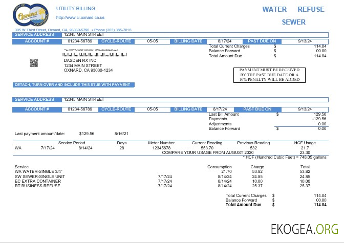 Modèle de facture de services publics d'entreprise de la ville d'Oxnard, États Unis, Californie, aux formats Word et PDF